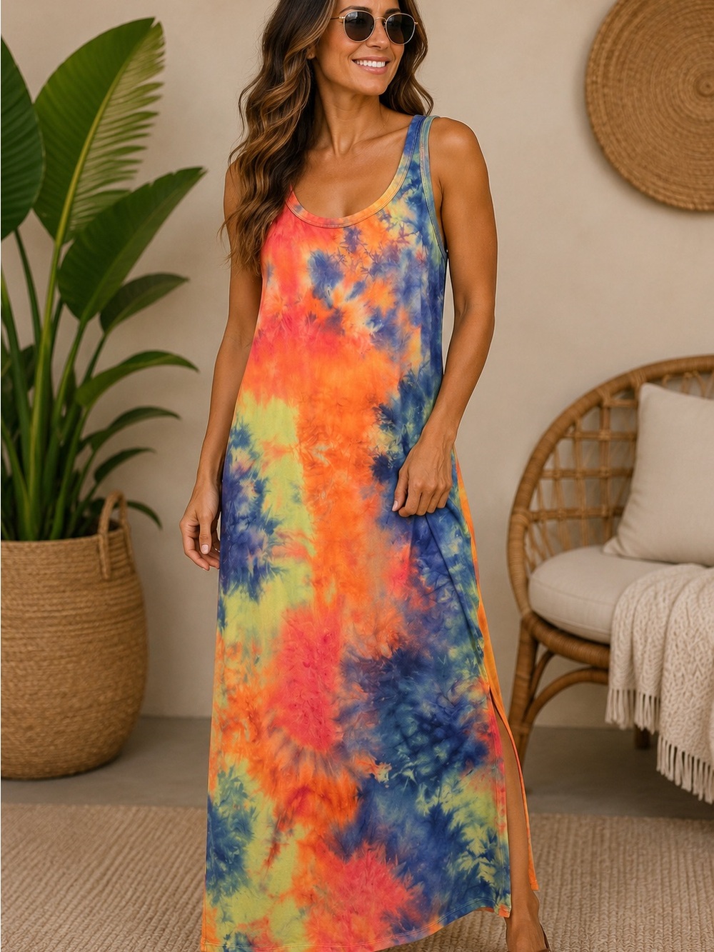 Absolutely Tie-Dye Sleeveless Maxi Dress - Orange, Blue, Yellow, Pink